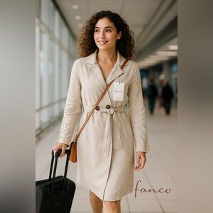 NWT, Fanco 100% Linen Beige Trench Dress Belted Lace-Up Cuff NWT Size S